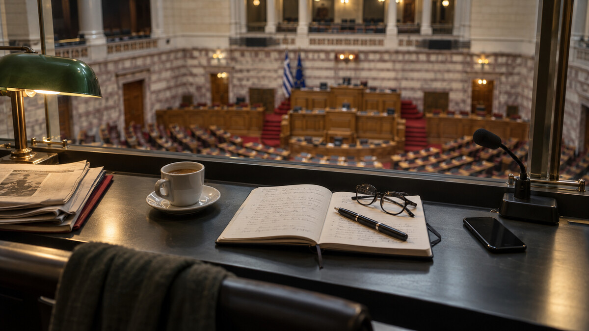 Άδειο δημοσιογραφικό θεωρείο με έδρανα, σημειωματάριο και μικρόφωνα, εικονογράφηση