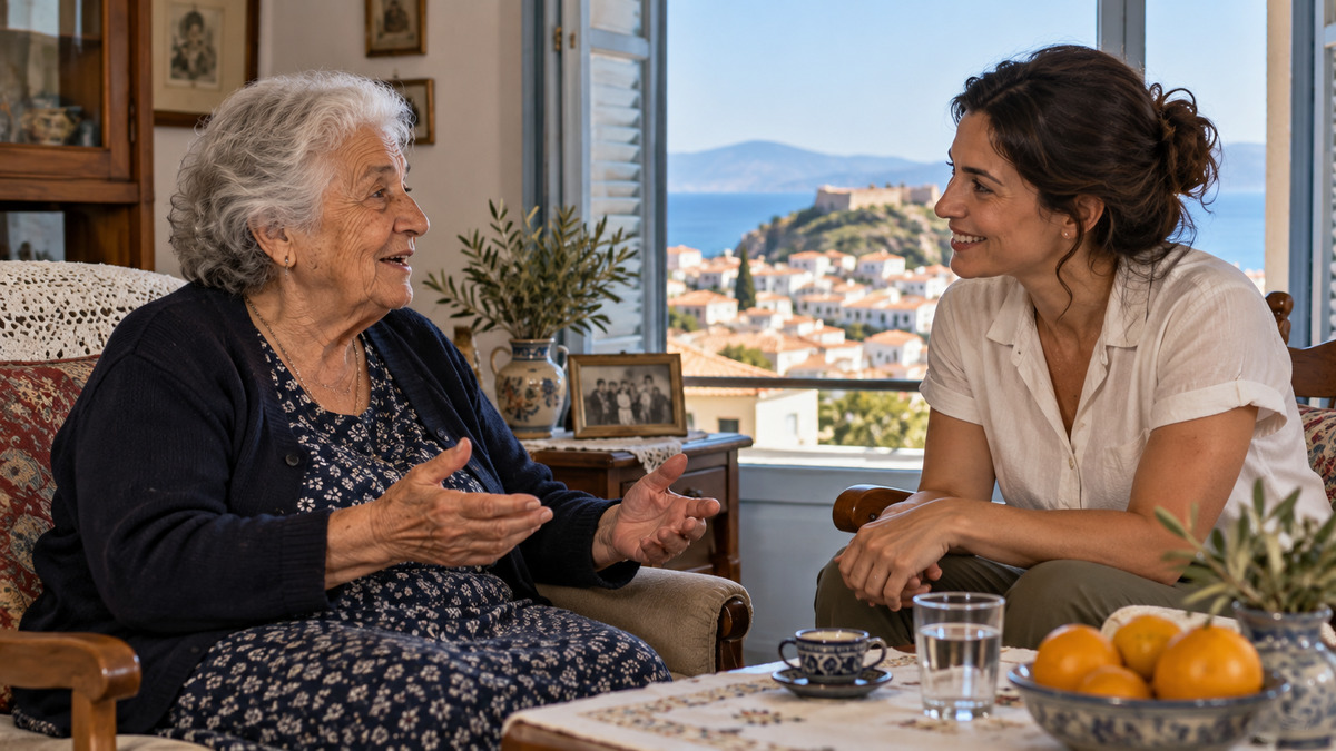 Εικονογράφηση υποστήριξης ηλικιωμένου ανθρώπου σε οικιακό περιβάλλον με φανταστικά πρόσωπα.
