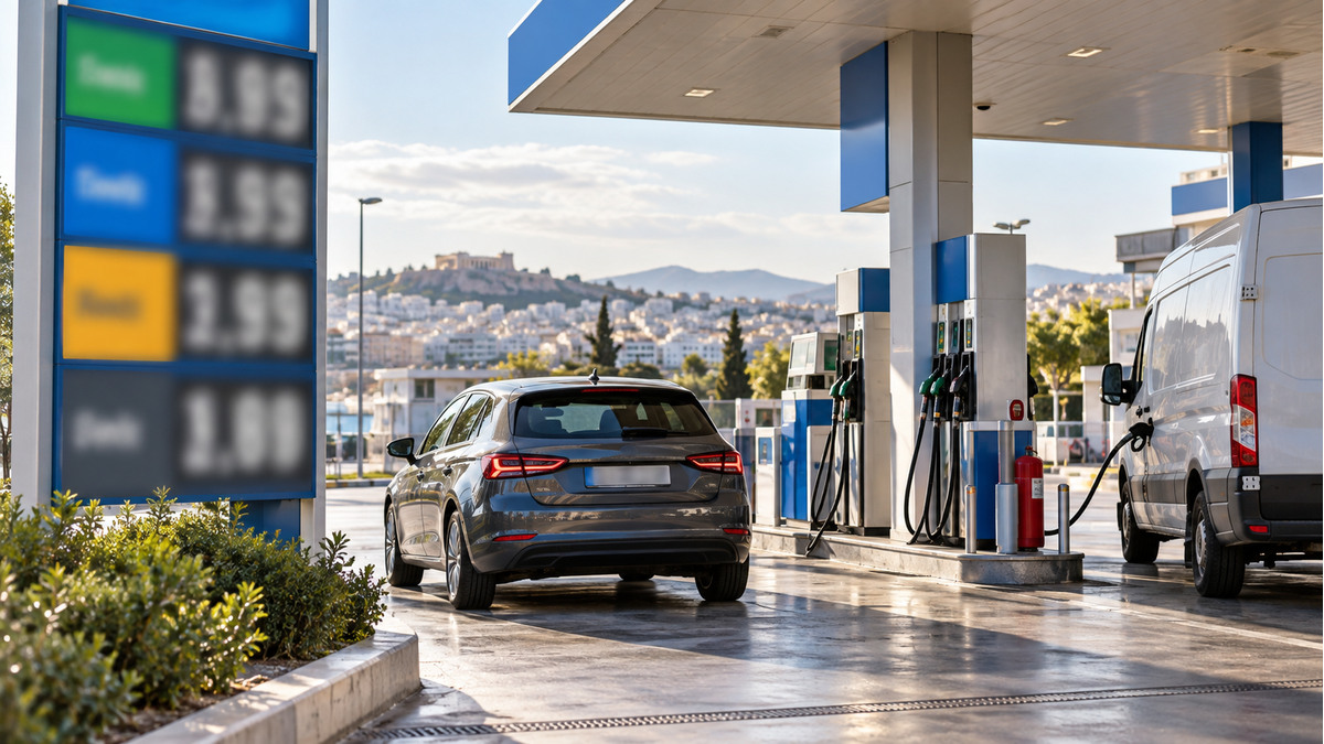 Εικονογράφηση πρατηρίου καυσίμων με ολόκληρα πρόσωπα στο κάδρο, όχι καταγραφή σημερινής τιμής.