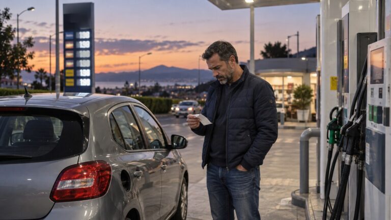 Οδηγός σε πρατήριο καυσίμων εξετάζει την απόδειξη μετά τον ανεφοδιασμό