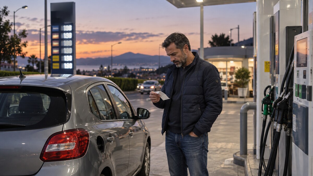 Οδηγός σε πρατήριο καυσίμων εξετάζει την απόδειξη μετά τον ανεφοδιασμό