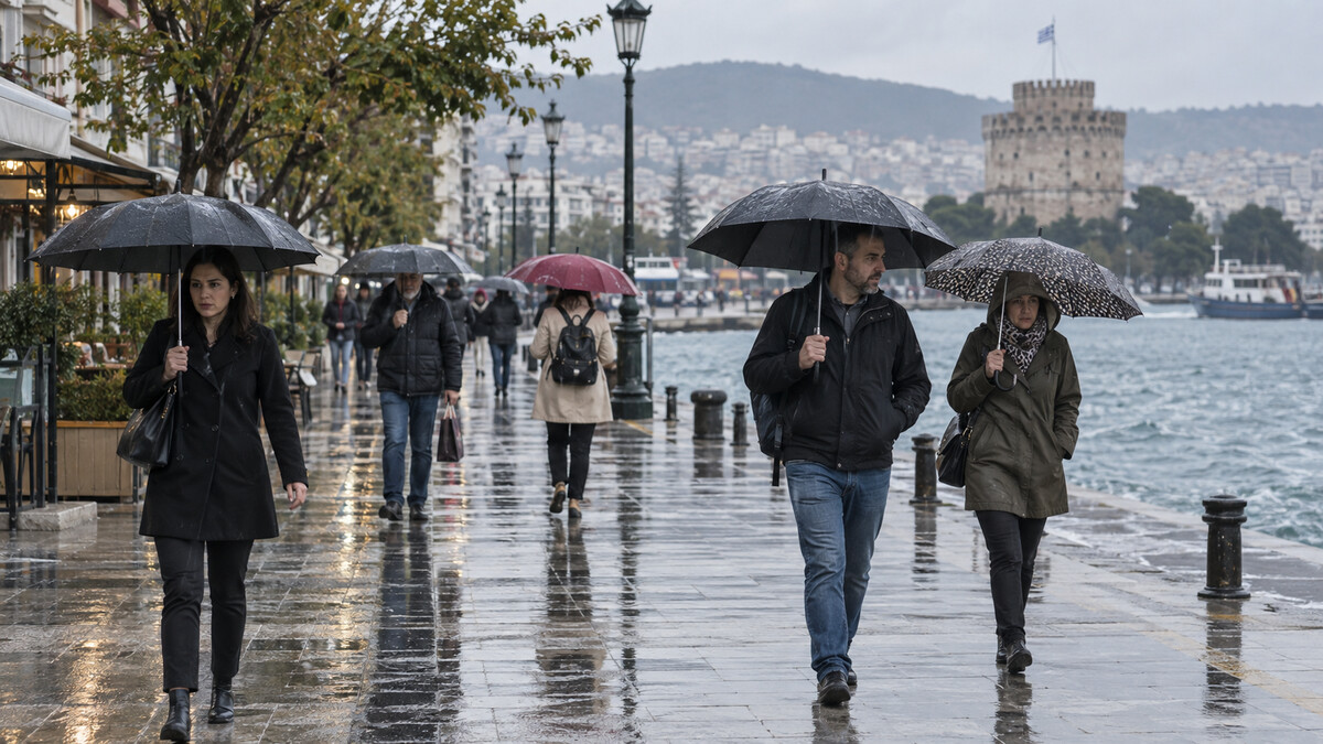 Άνθρωποι με ομπρέλες σε αστικό δρόμο κατά τη διάρκεια δυνατής βροχής, εικονογράφηση