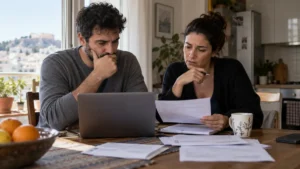 Ζευγάρι εξετάζει έγγραφα και οικογενειακό προϋπολογισμό