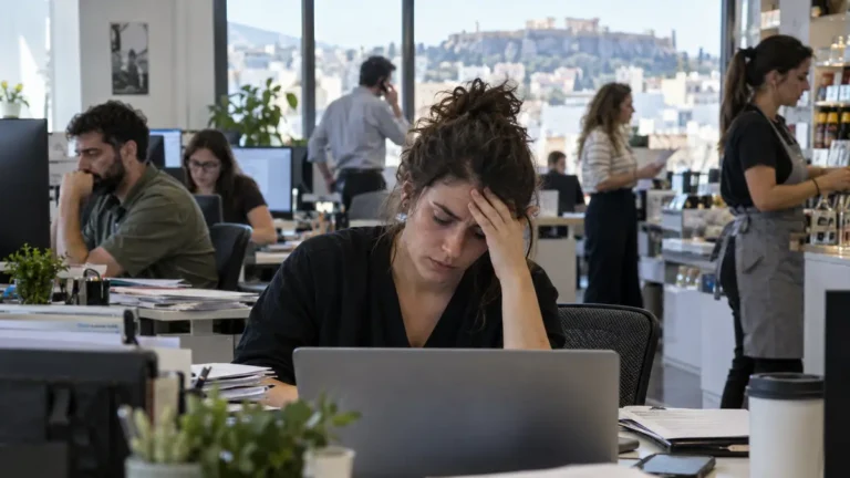 Εργαζόμενη σε σύγχρονο χώρο εργασίας υπό έντονη πίεση