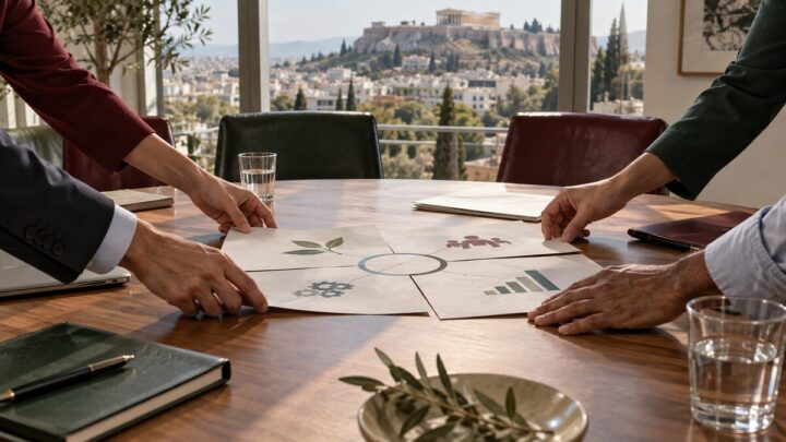Χέρια γύρω από τραπέζι εργασίας με σημειώσεις πολιτικού προγράμματος και την Αθήνα στο βάθος
