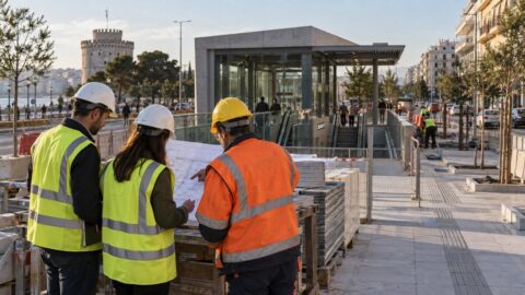 Μηχανικοί εξετάζουν σχέδια σε δημόσιο έργο στη Θεσσαλονίκη με τον Λευκό Πύργο στο βάθος