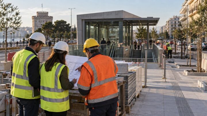 Μηχανικοί εξετάζουν σχέδια σε δημόσιο έργο στη Θεσσαλονίκη με τον Λευκό Πύργο στο βάθος