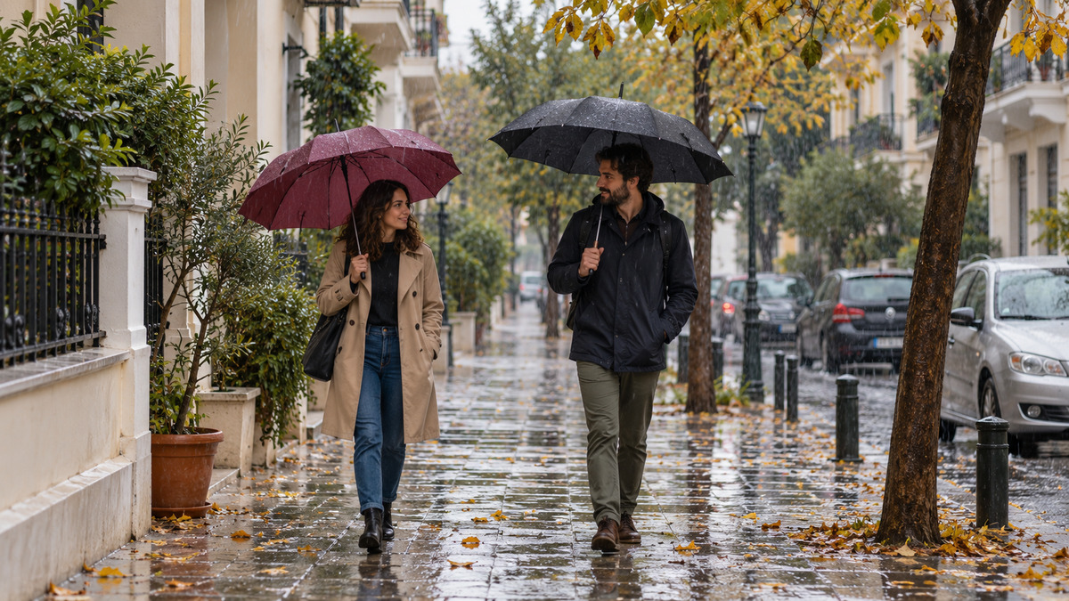 Εικονογράφηση ανθρώπων με ομπρέλες σε βρεγμένο αστικό δρόμο, χωρίς απεικόνιση πραγματικού συμβάντος.