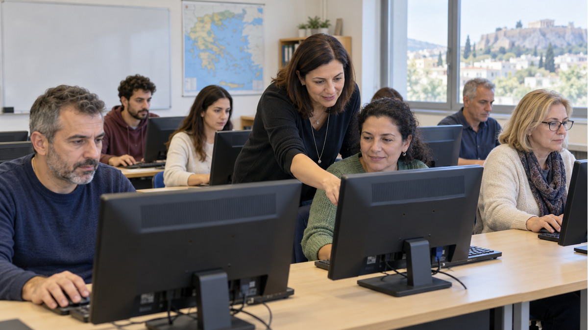 Εικονογράφηση ενηλίκων σε περιβάλλον επαγγελματικής κατάρτισης, με όλα τα πρόσωπα ολόκληρα στο κάδρο.
