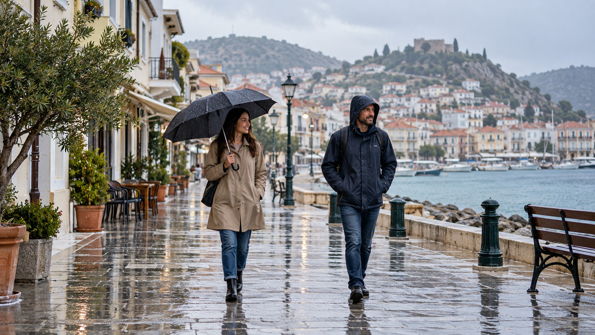 Εικονογράφηση δύο ενηλίκων σε βρεγμένο παραλιακό πεζόδρομο· δεν απεικονίζει σημερινή κακοκαιρία.