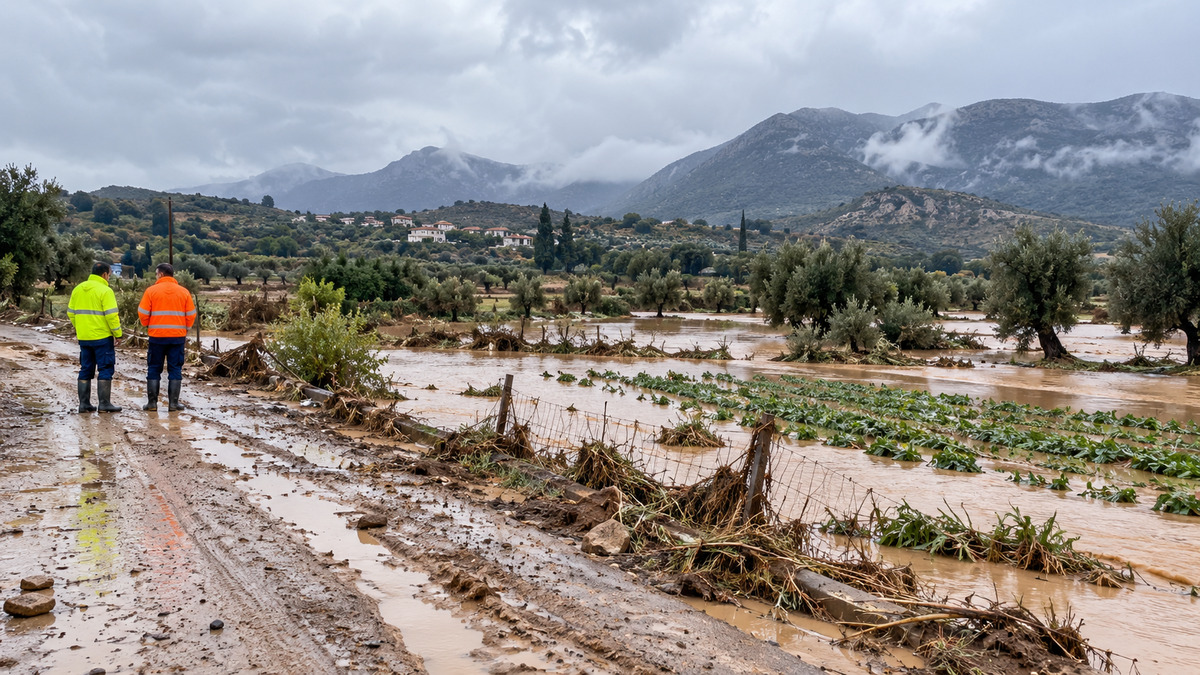 Εικονογράφηση αγροτικής περιοχής μετά από έντονη βροχόπτωση, με λασπωμένο έδαφος και συνεργείο αποκατάστασης.