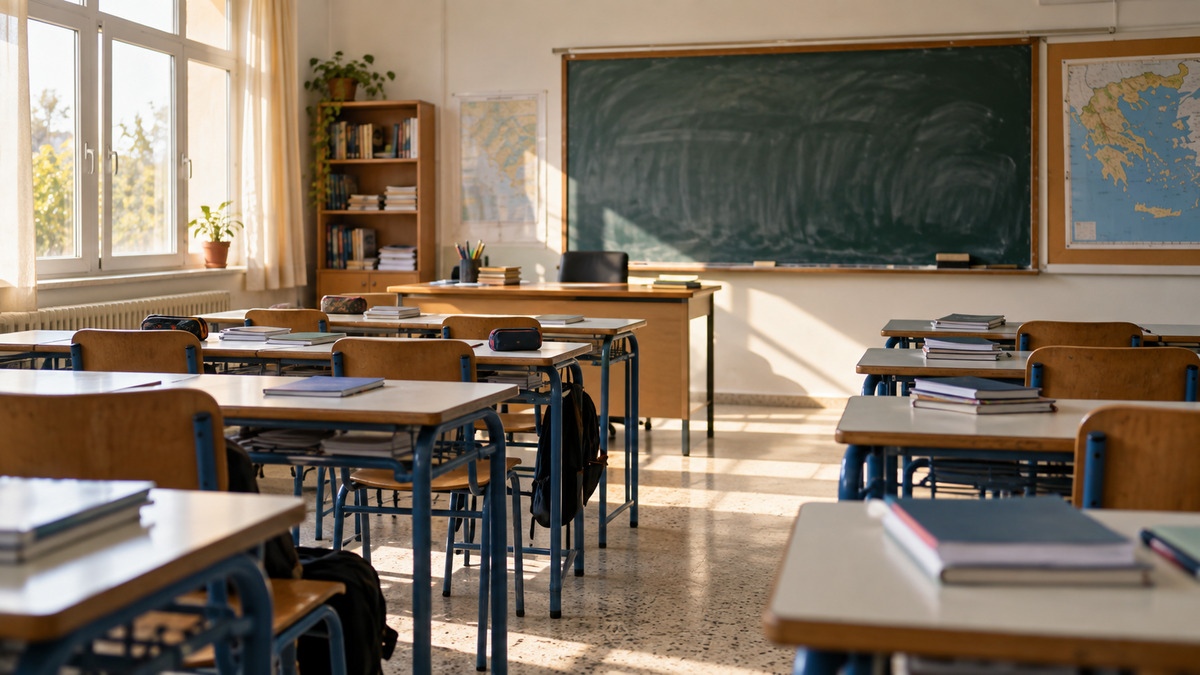 Εικονογράφηση άδειας σχολικής αίθουσας με θρανία και πίνακα.